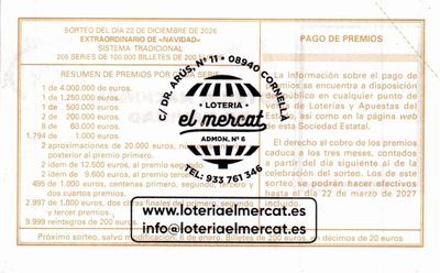 Reverso del décimo 75221 con el sello de la Administración nº 8 «El Mercat», en Cornellà de Llobregat